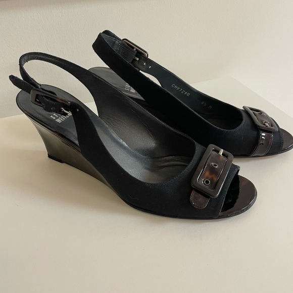 Stuart Weitzman black FAILLE MIDDY sling back with tortoise buckle/ heels,  8.5 - Picture 1 of 9